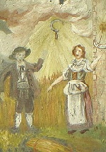 Notburga wirft eine Sichel in die Luft, die an einem Sonnenstrahl hängen bleibt (Bilder am Geburtshaus der Heiligen in Rattenberg)